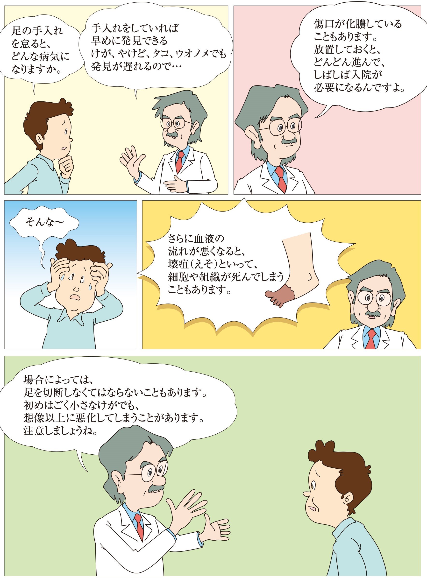 血液の流れが悪くなると、壊疽（えそ：細胞がしんでしまう）になり、最悪足を切断しないといけない可能性もあります。