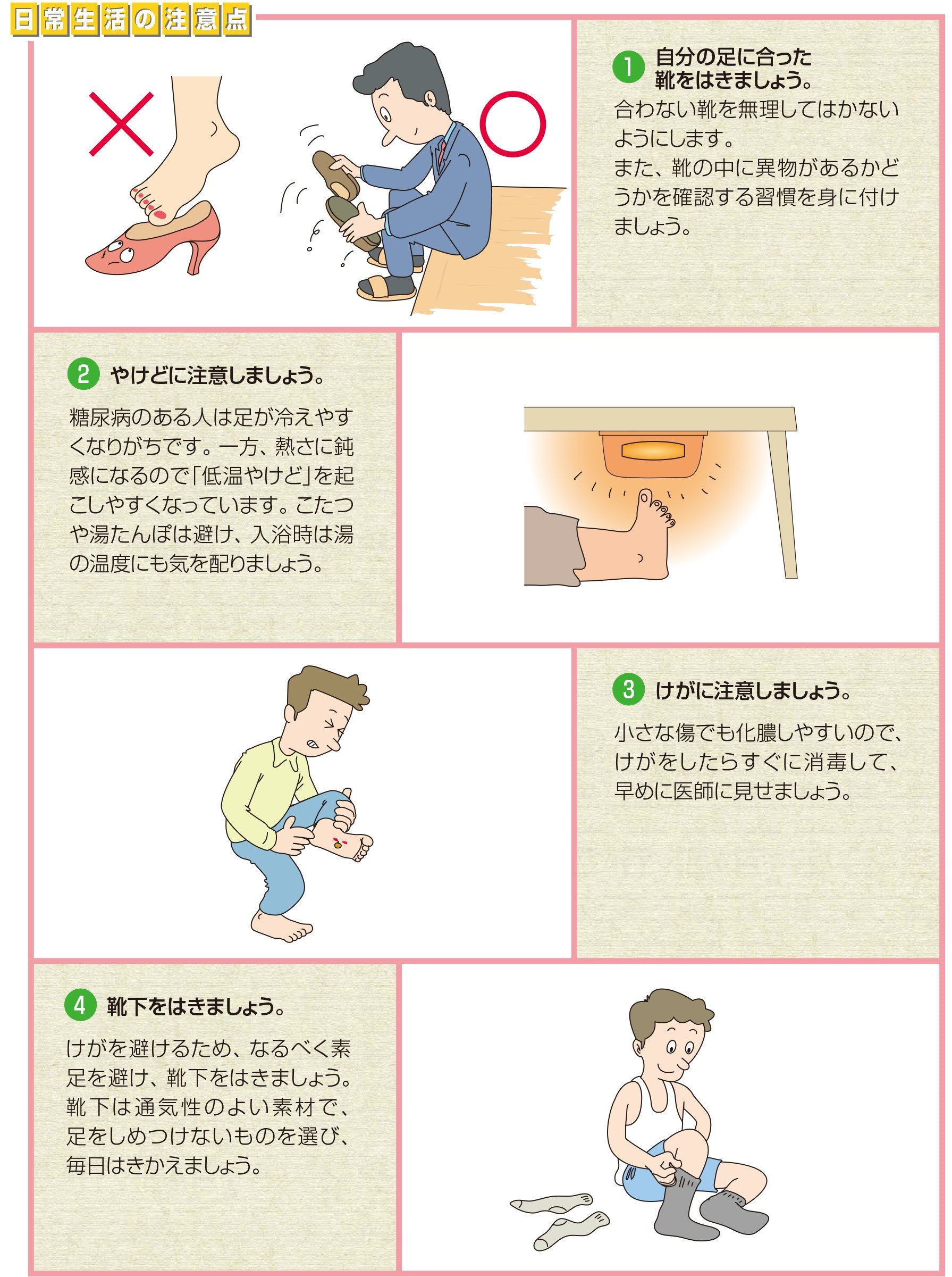 足を守るためのポイントは、①自分の足に合った靴を履く　②やけどに注意　③けがに注意　④靴下をはく